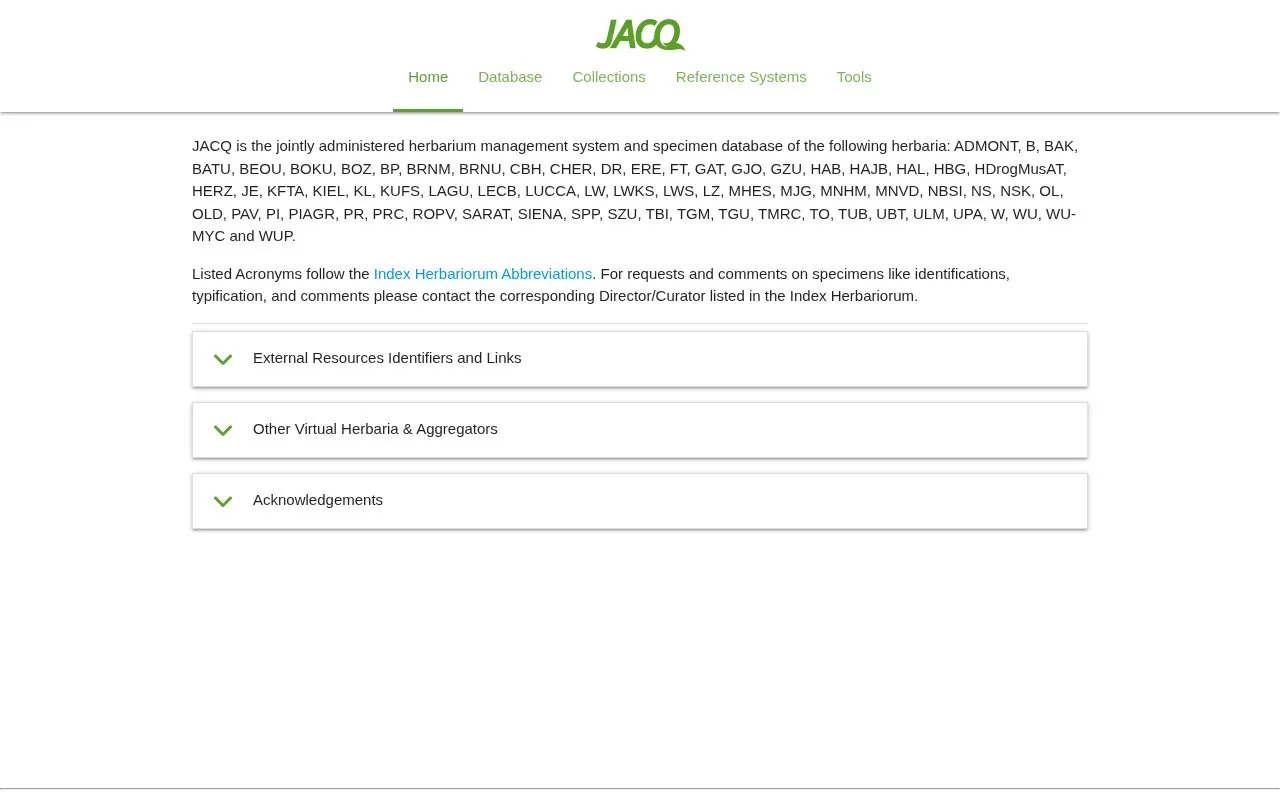 JACQ - Virtual Herbaria homepage screenshot