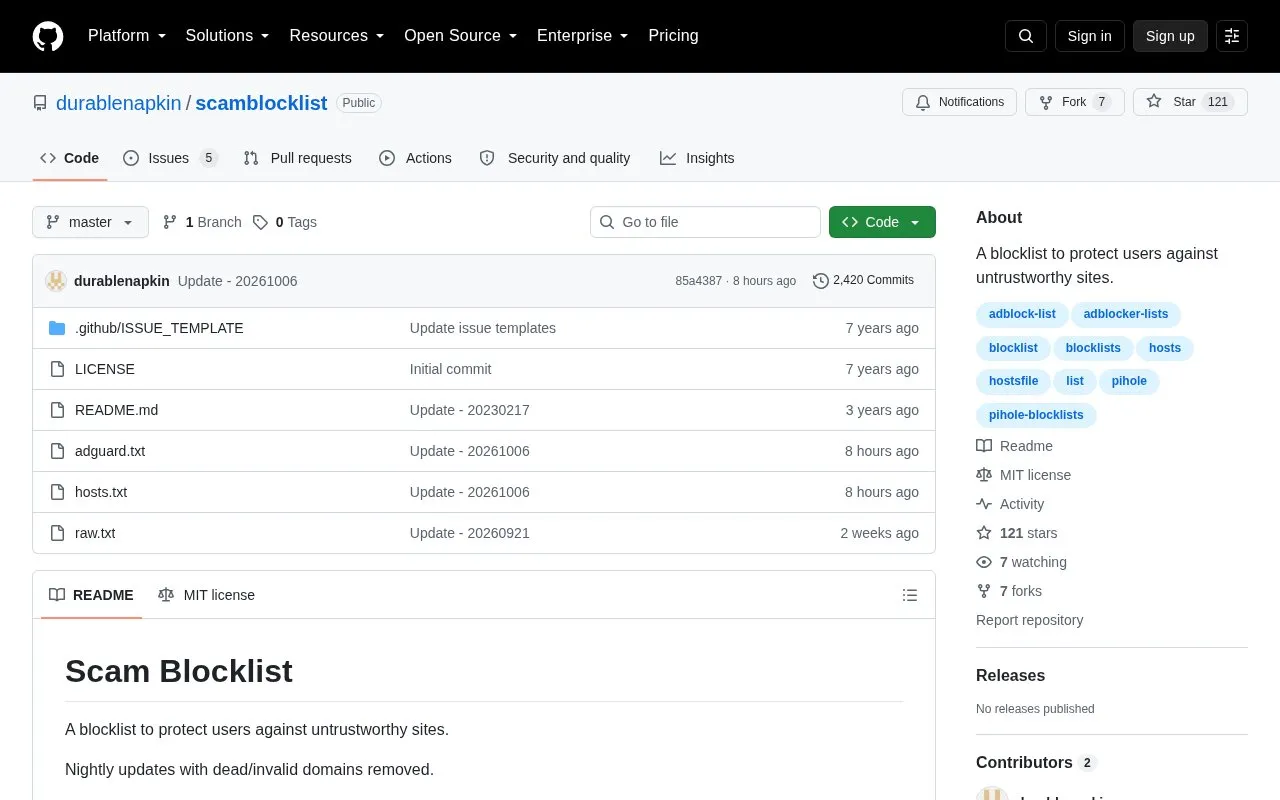Scam Blocklist homepage screenshot