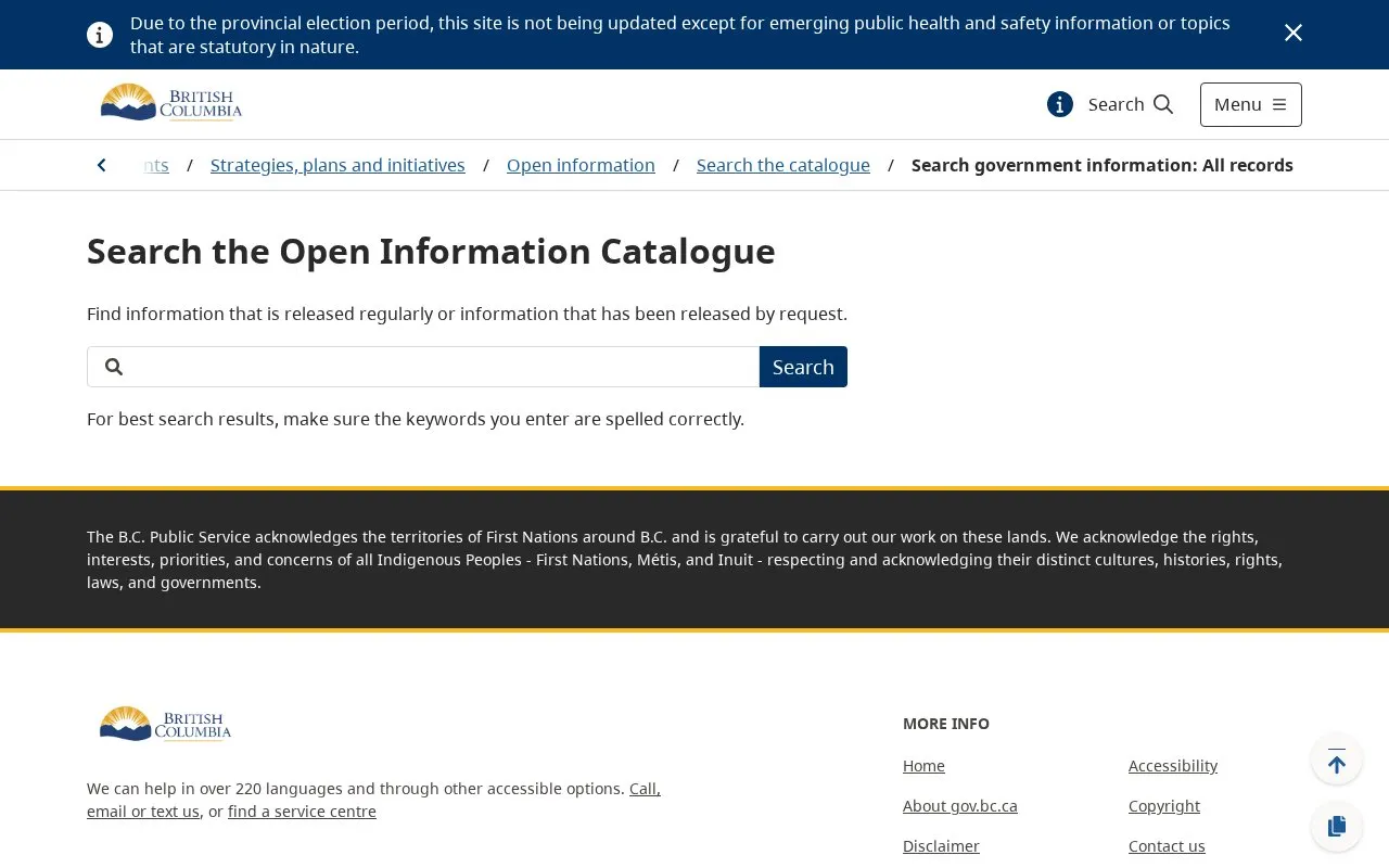 Search the Open Information Catalogue homepage screenshot