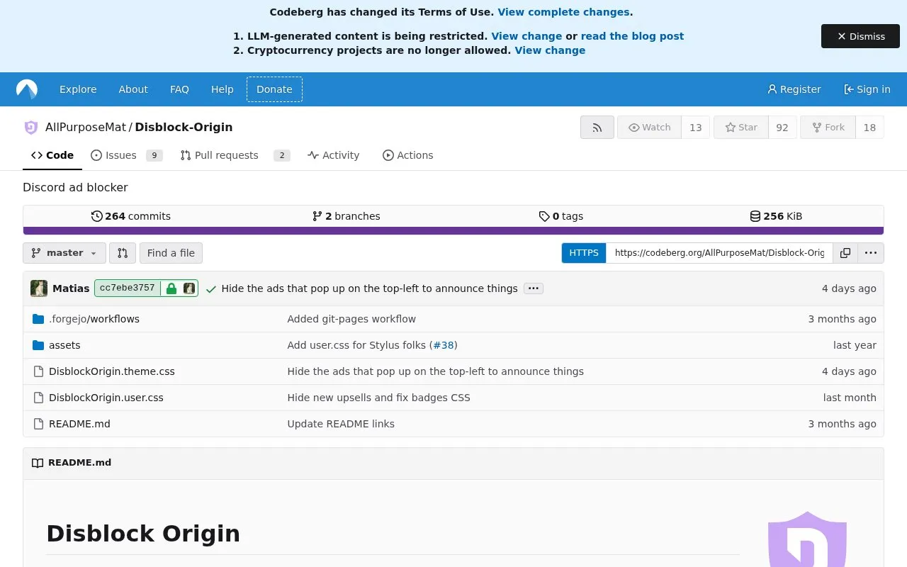 Disblock Origin homepage screenshot