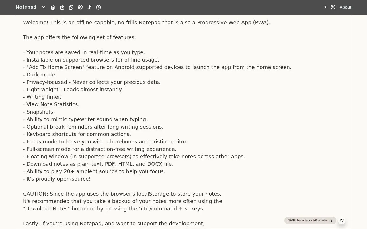 Notepad homepage screenshot