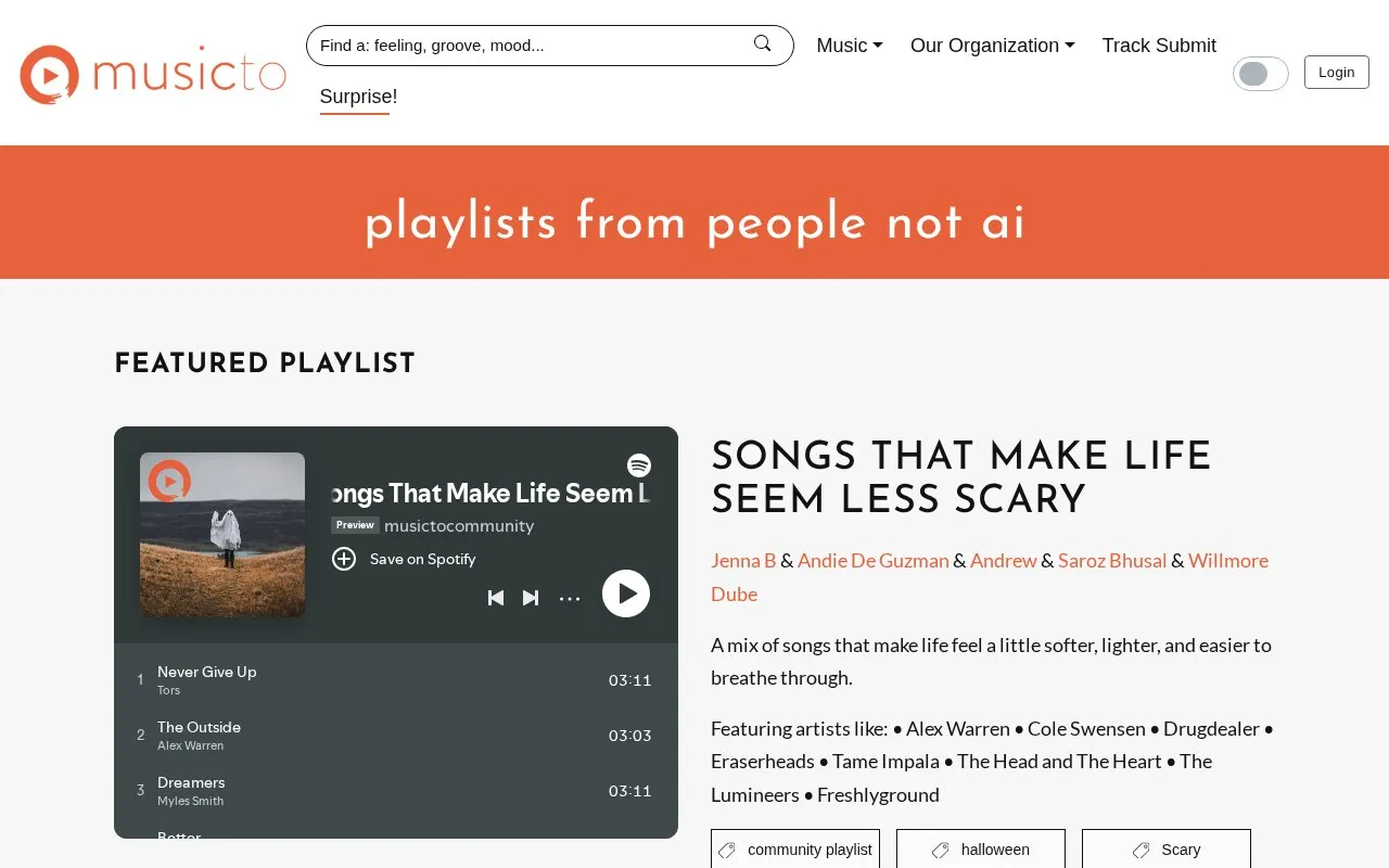 MusicTo homepage screenshot