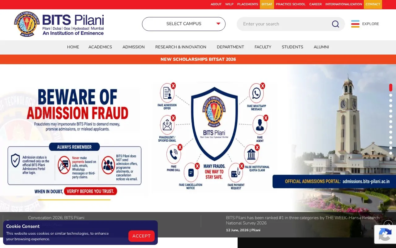 Birla Institute of Technology and Science homepage screenshot