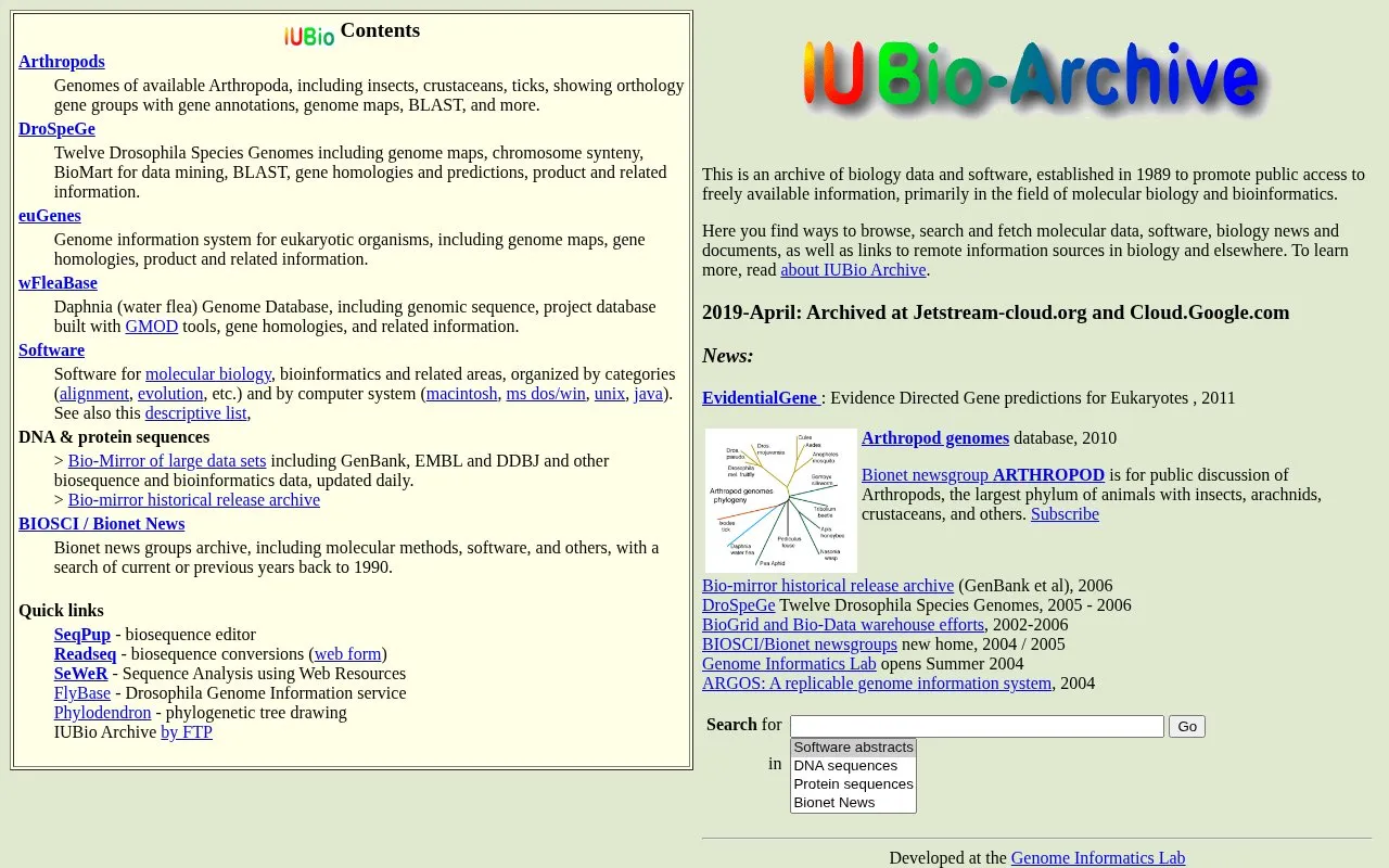 IUBio-Archive homepage screenshot