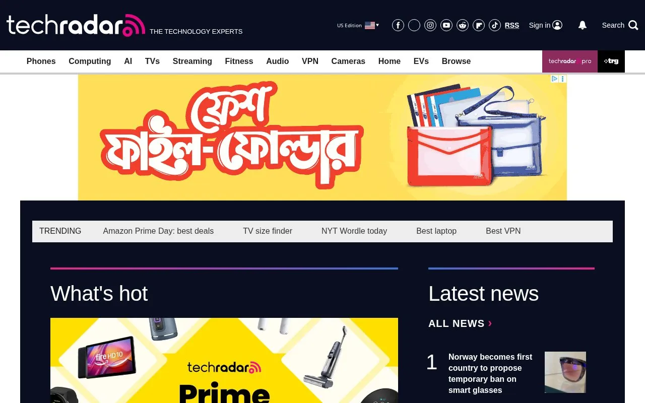 TechRadar homepage screenshot