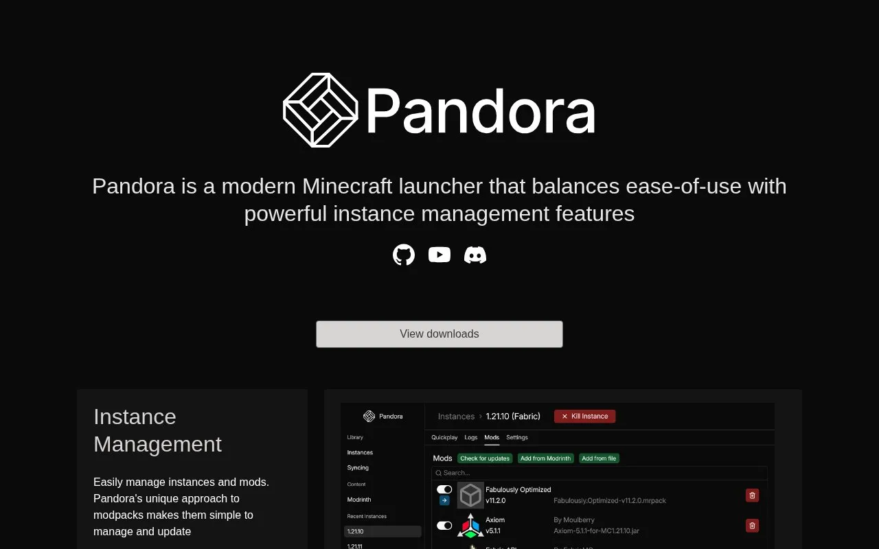 PandoraLauncher homepage screenshot