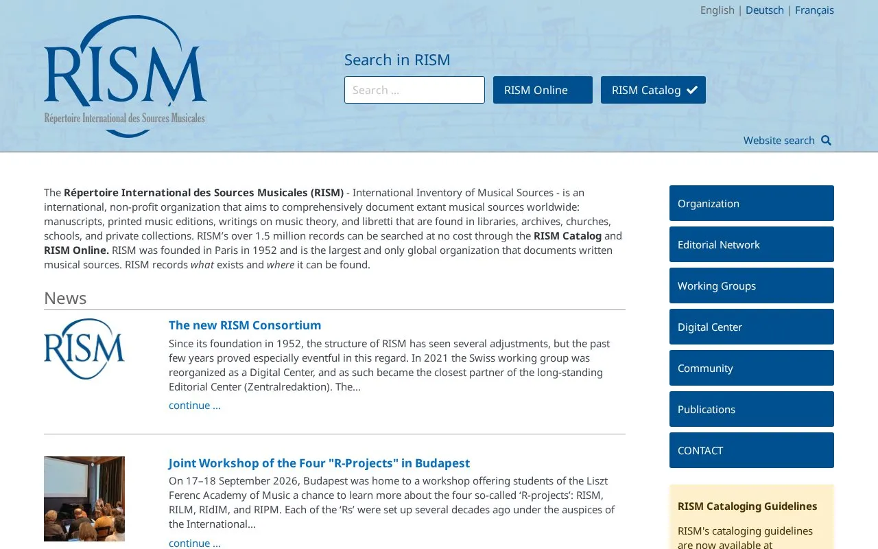 Répertoire International des Sources Musicales homepage screenshot
