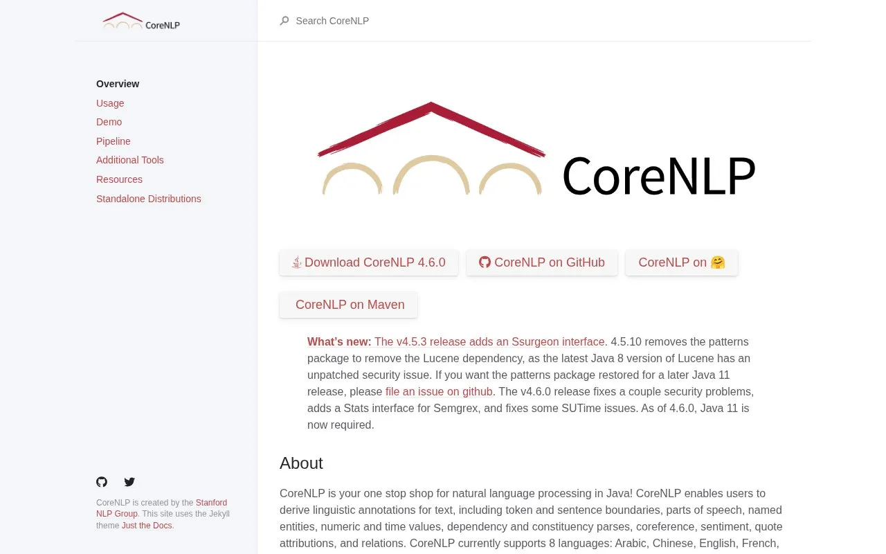 CoreNLP homepage screenshot