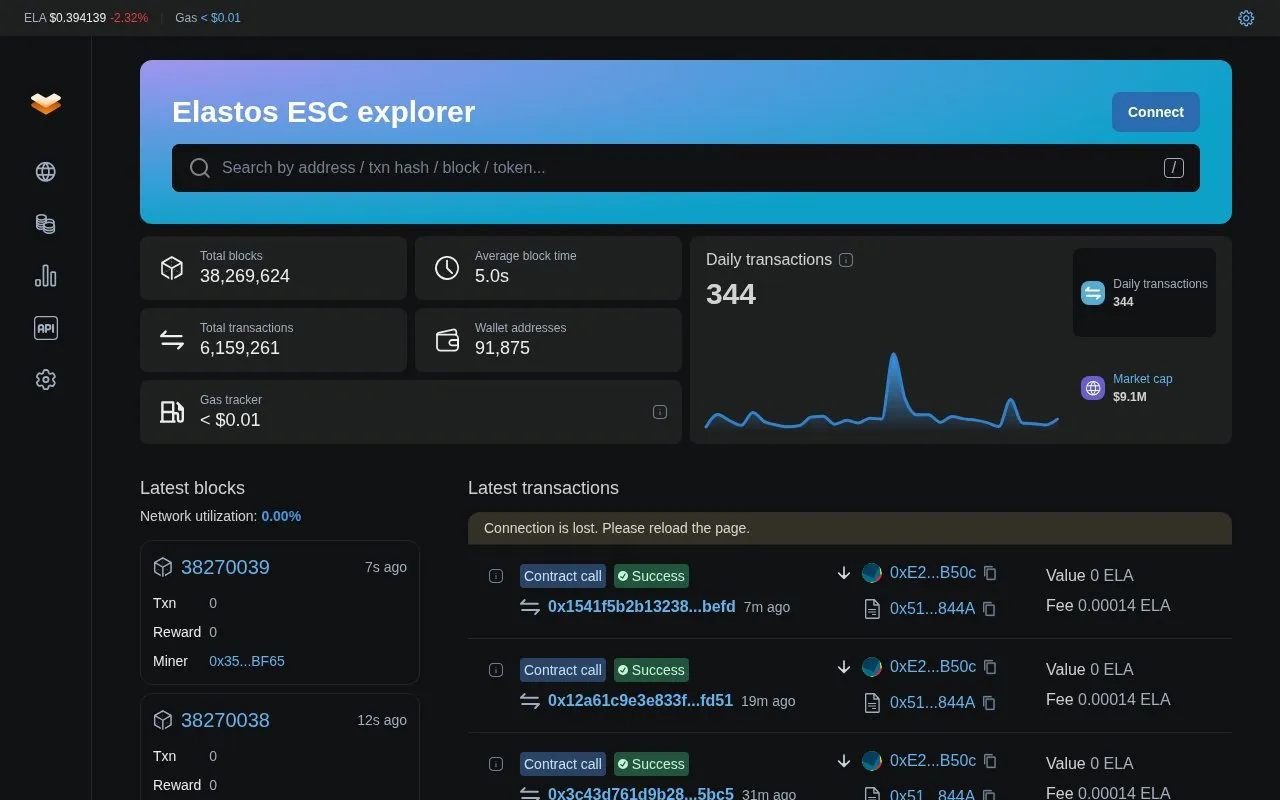 Elastos Smart Chain — elastos esc explorer homepage screenshot