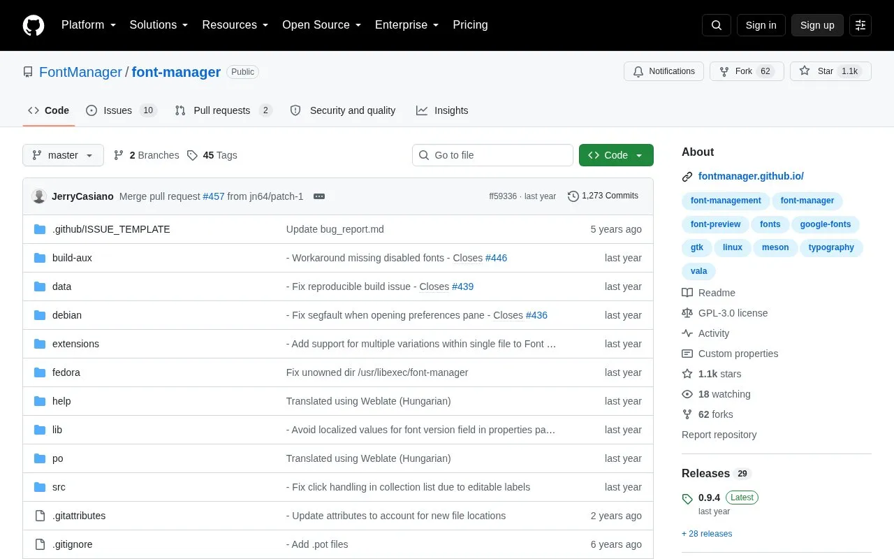 Linux Font Manager homepage screenshot