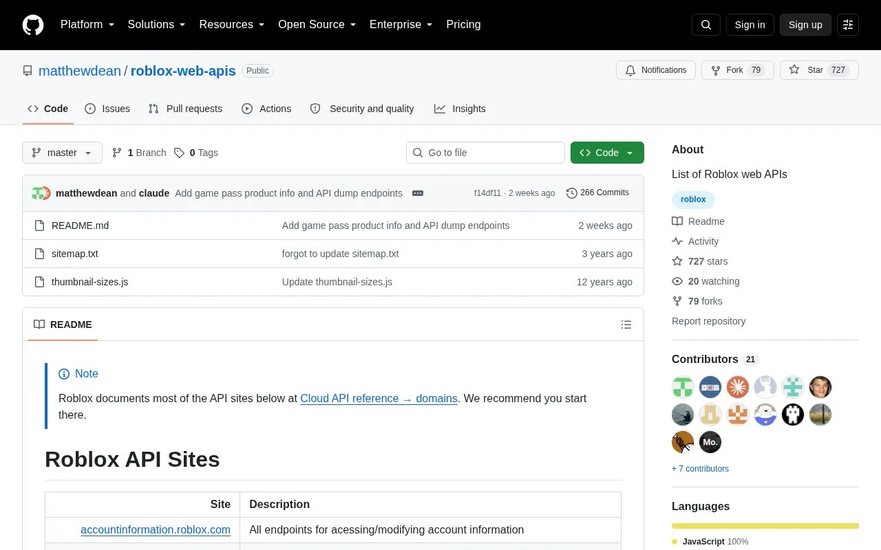 Roblox Web APIs homepage screenshot