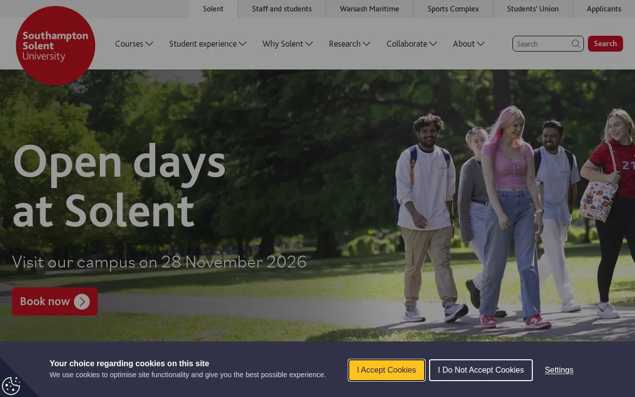 Southampton Solent University homepage screenshot
