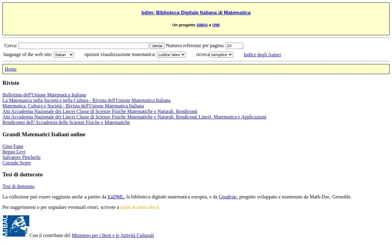 Biblioteca Digitale Italiana di Matematica homepage screenshot