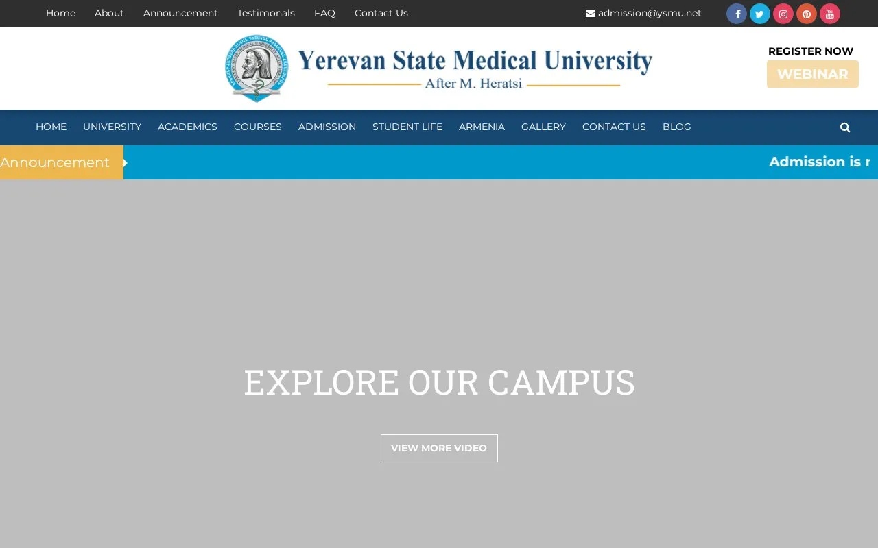Yerevan State Medical University homepage screenshot
