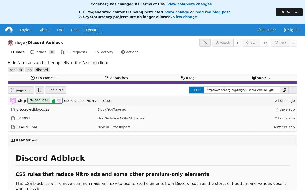 Discord Adblock homepage screenshot