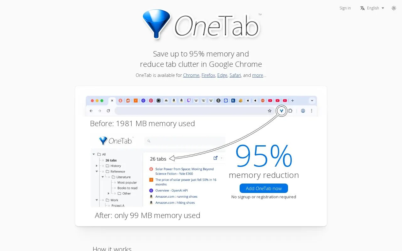 OneTab homepage screenshot
