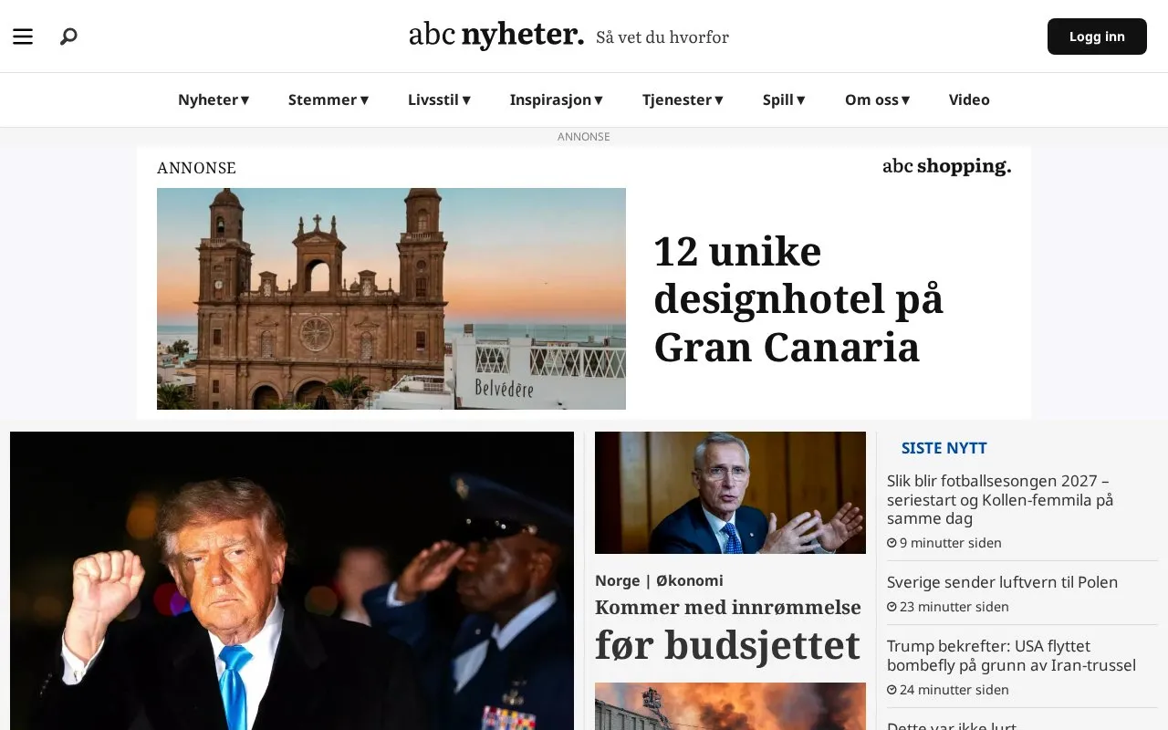 ABC Nyheter homepage screenshot