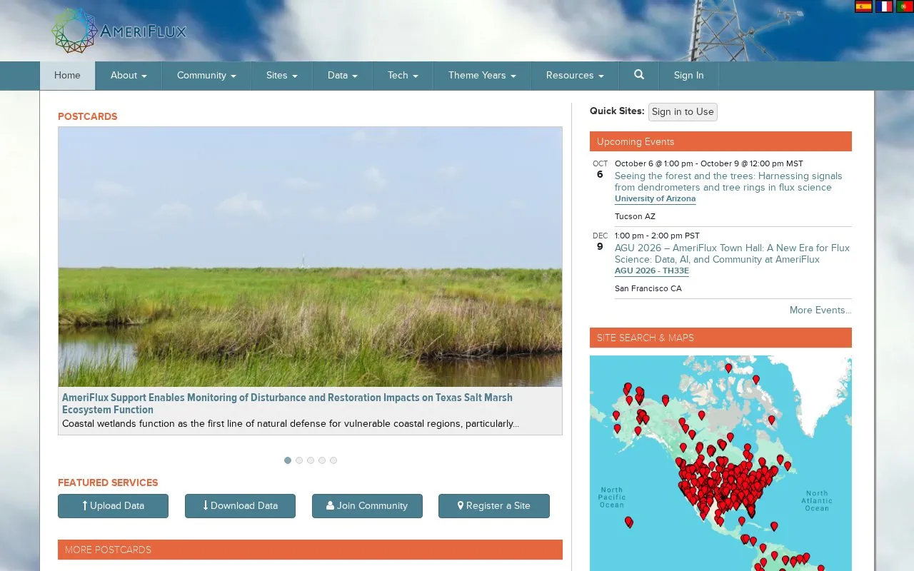 AmeriFlux homepage screenshot