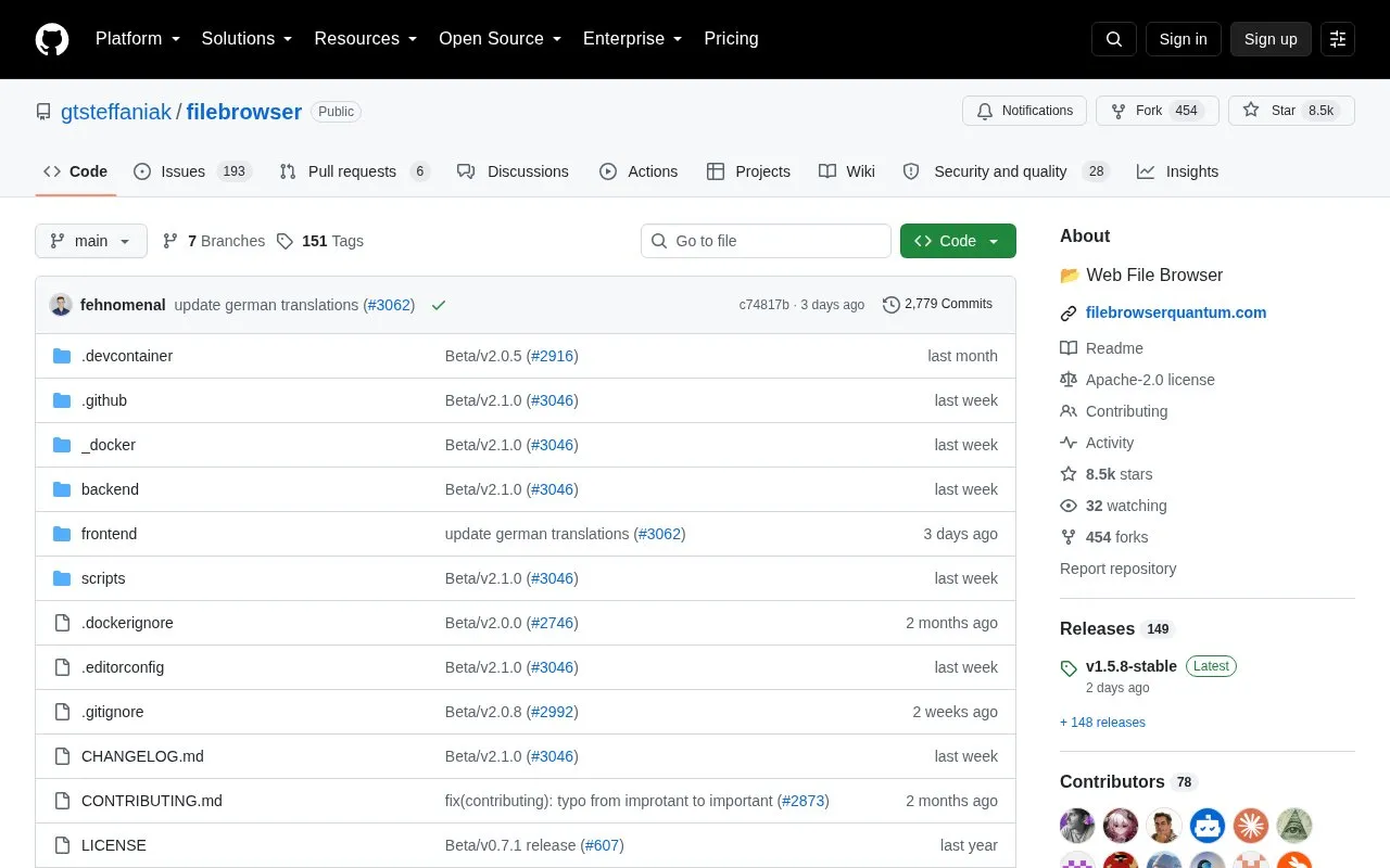 Filebrowser homepage screenshot