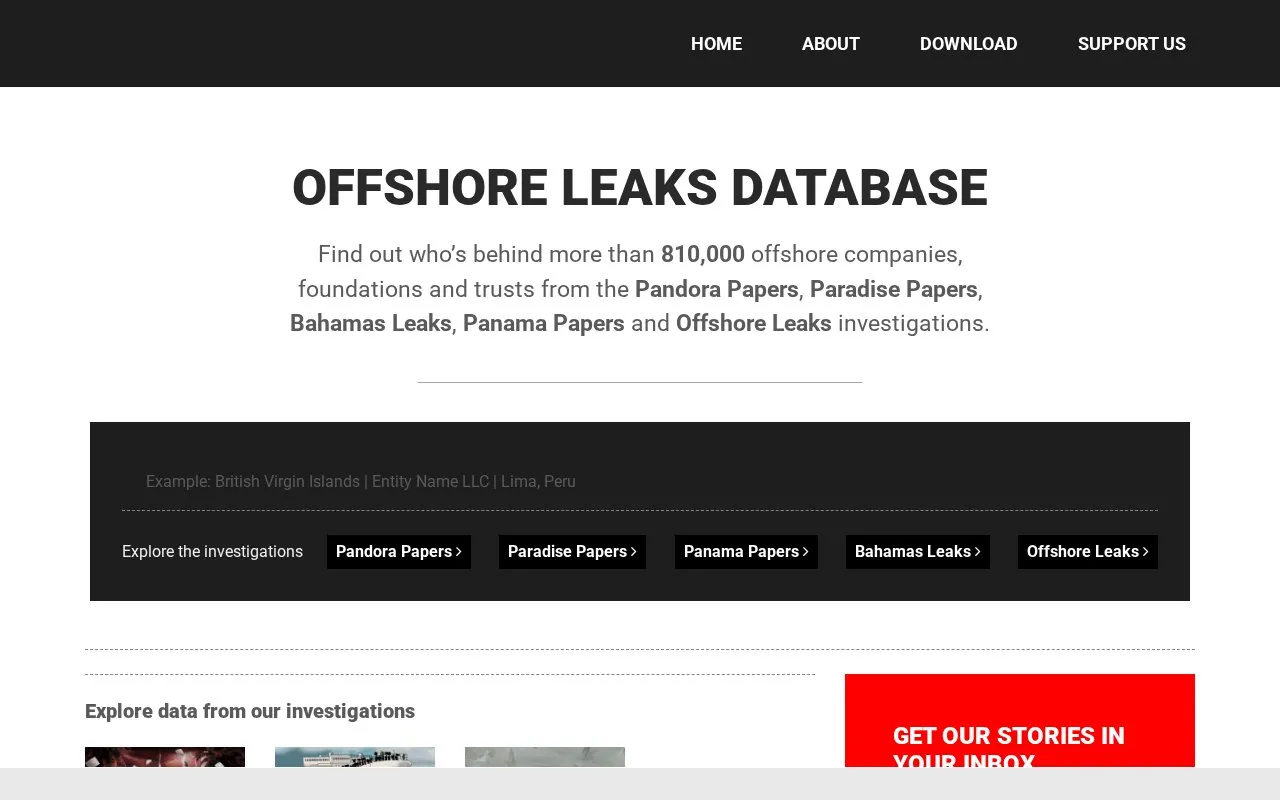 Offshore Leak Database homepage screenshot
