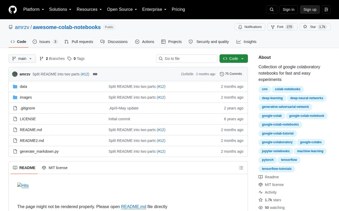Awesome Colab Notebooks homepage screenshot