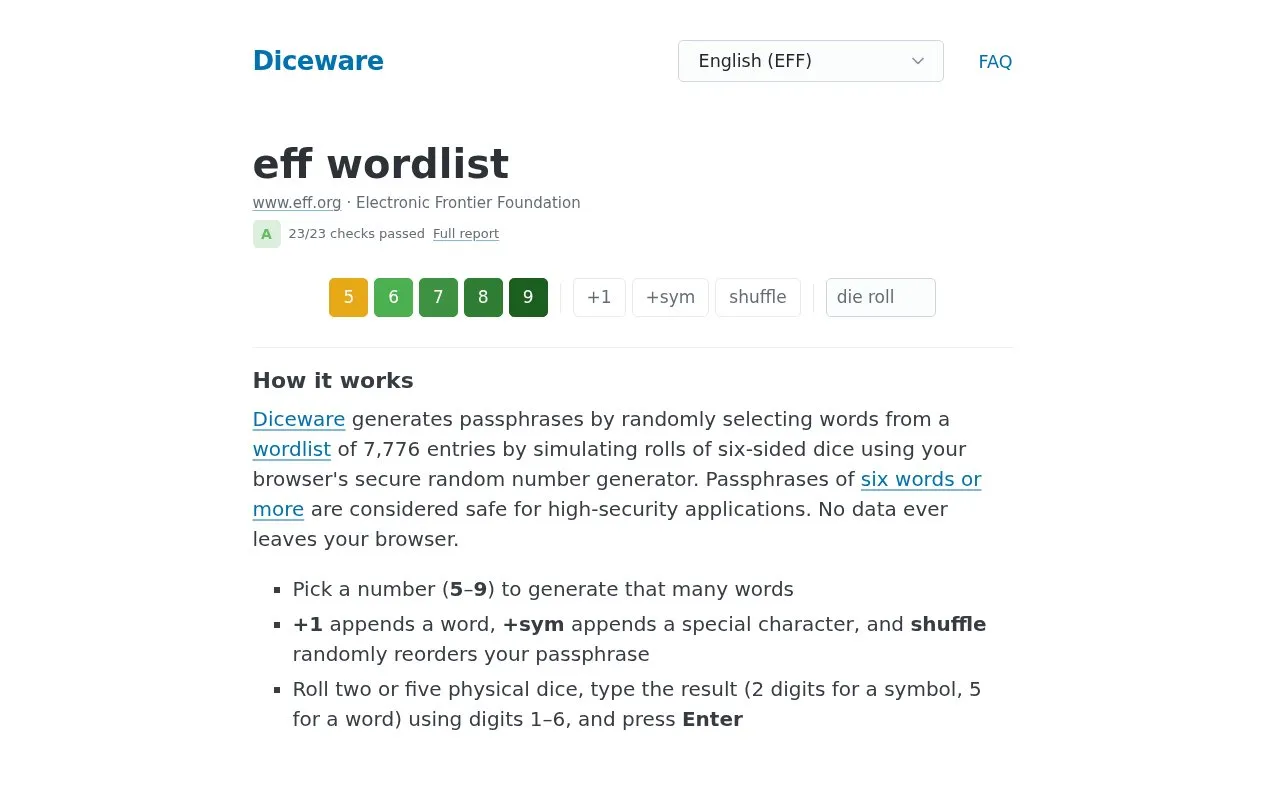 Diceware Generator homepage screenshot