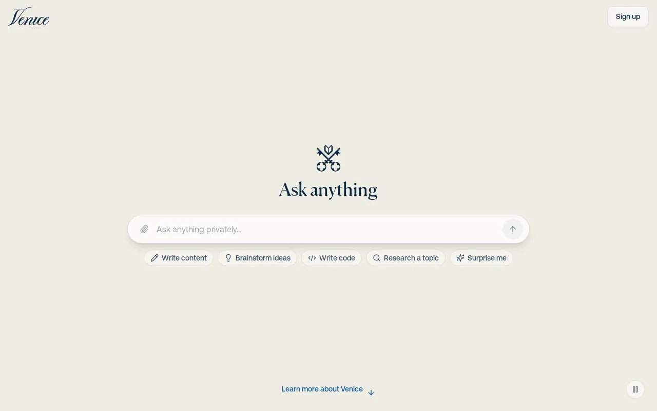 Venice AI homepage screenshot