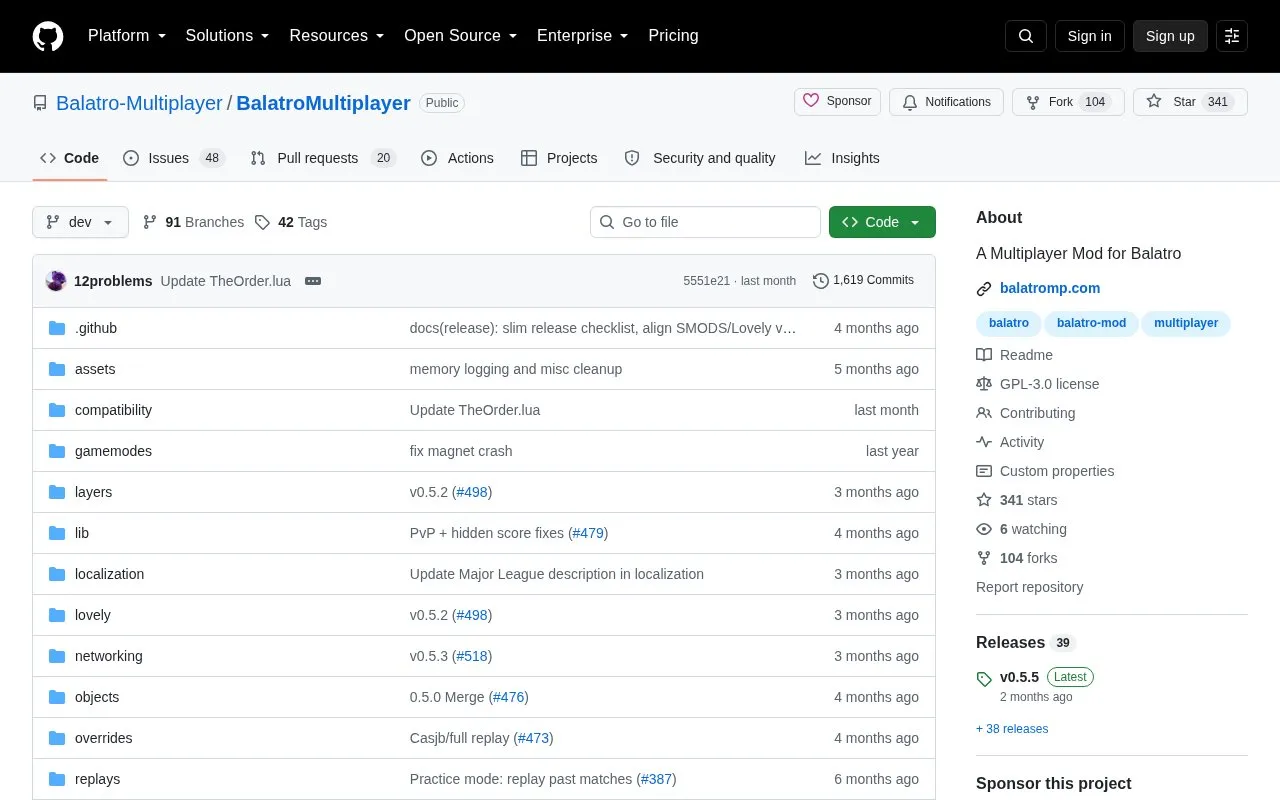 Balatro Multiplayer homepage screenshot