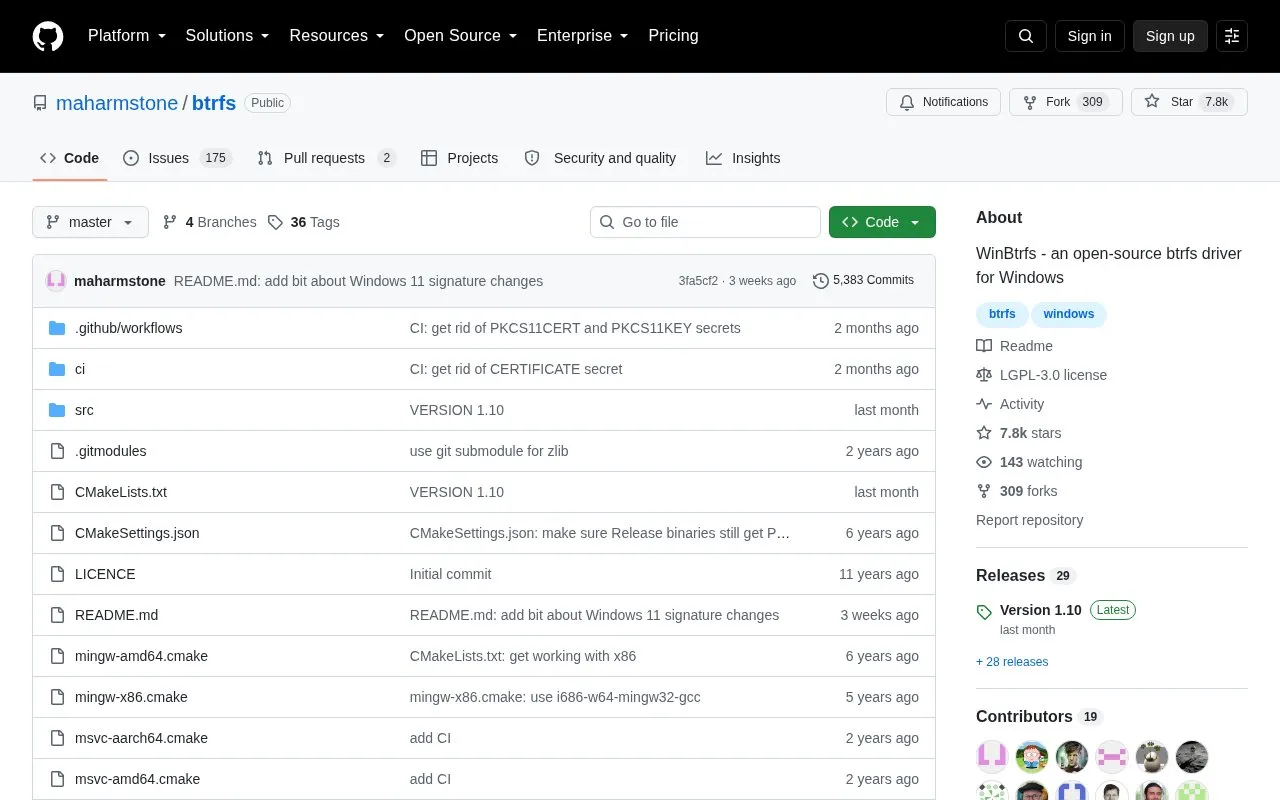 WinBtrfs homepage screenshot