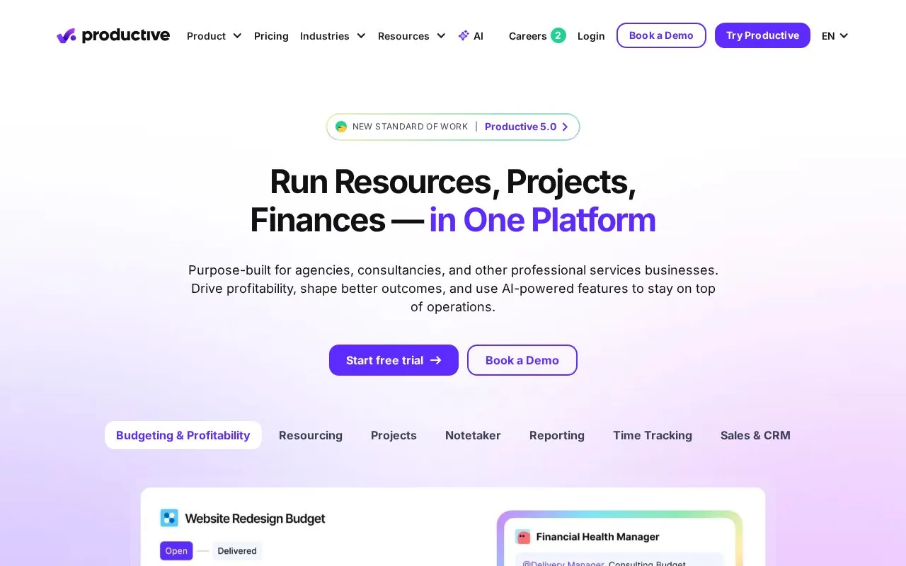 Productive homepage screenshot
