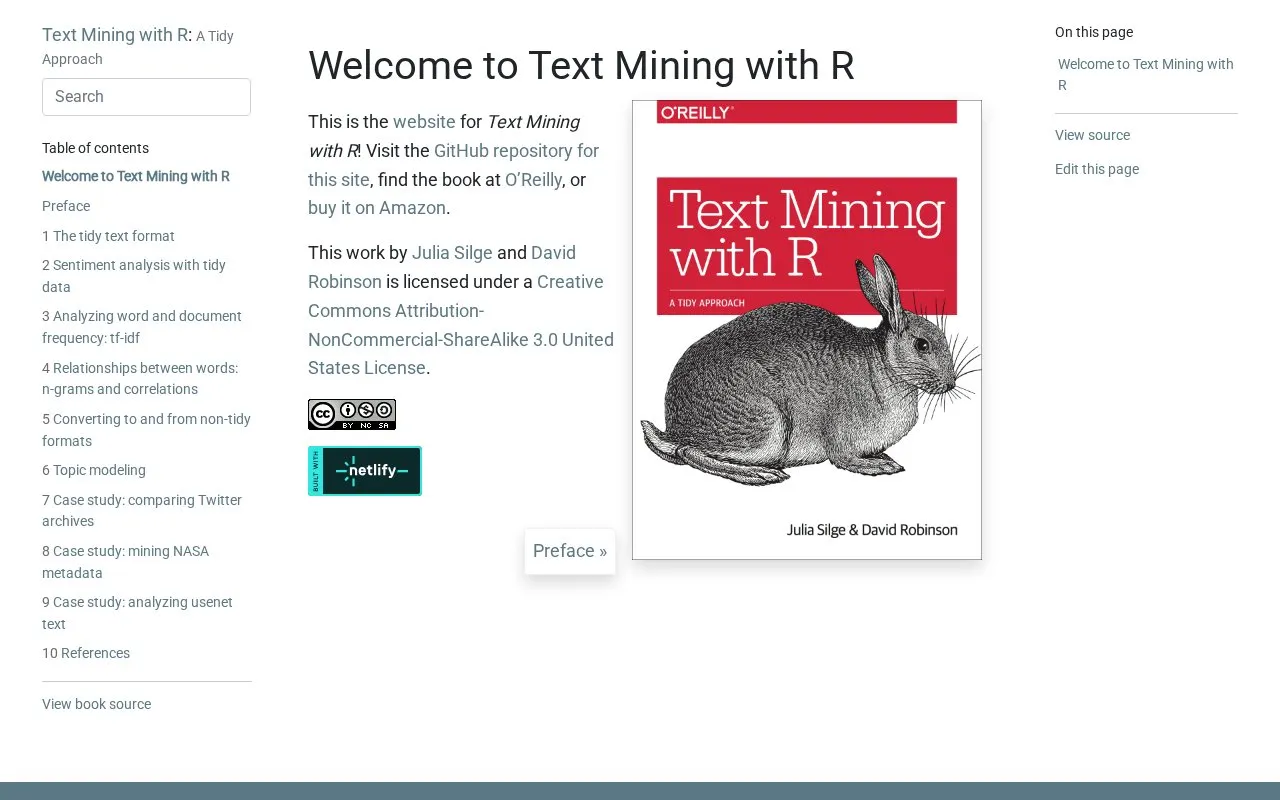 Text Mining with R by Julia Silge and David Robinson homepage screenshot