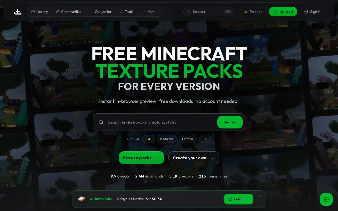 PacksMC homepage screenshot