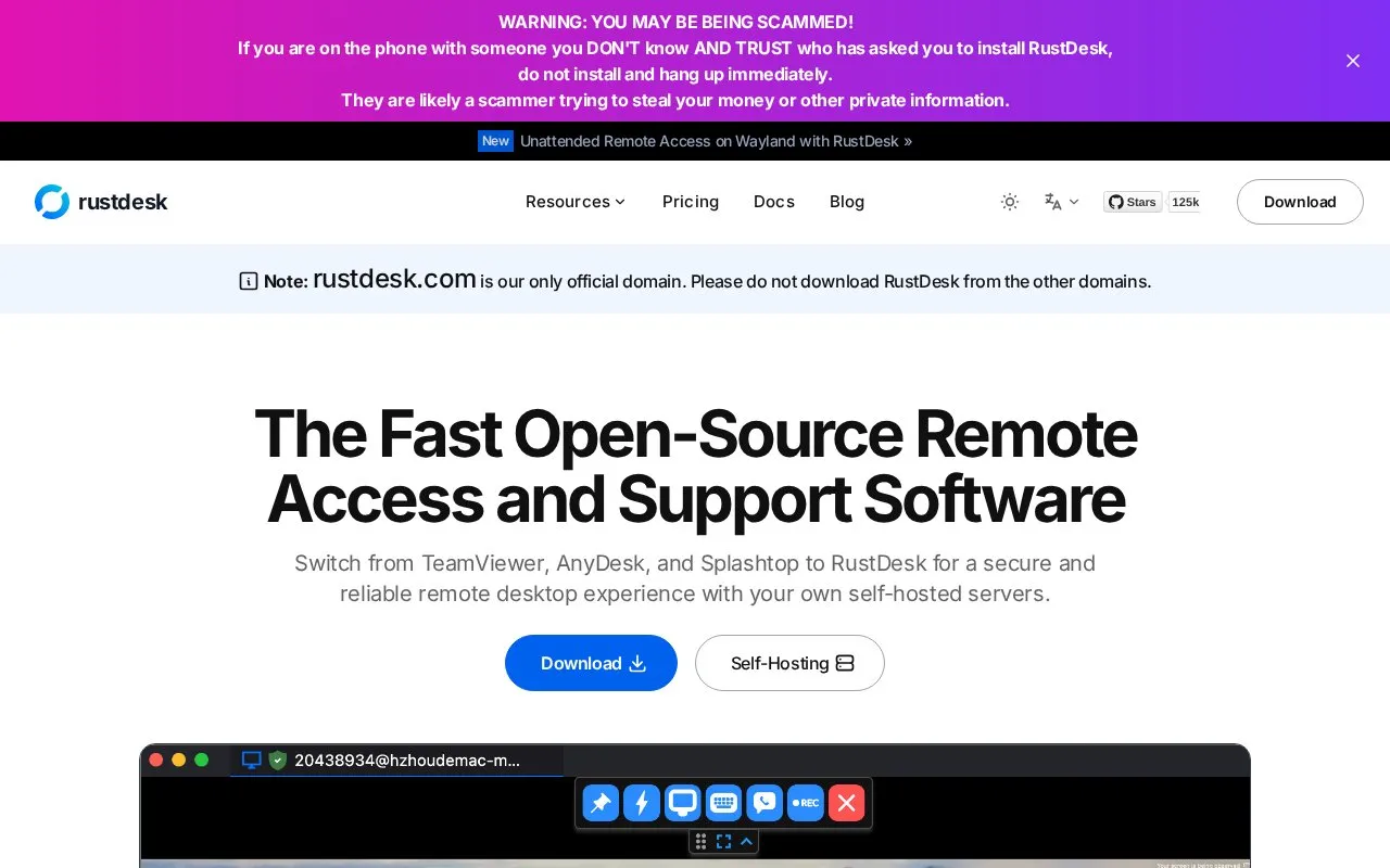 RustDesk homepage screenshot