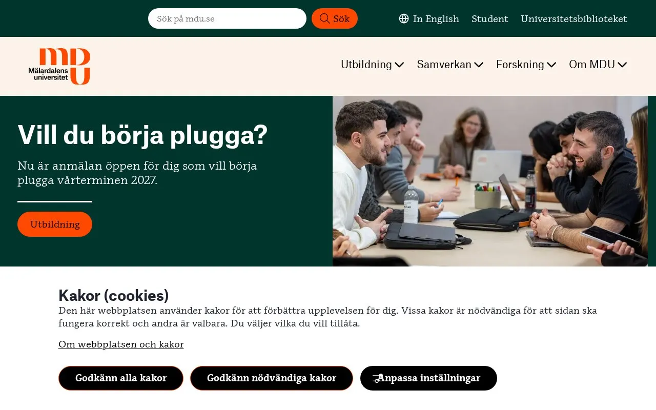 Malardalen University College homepage screenshot