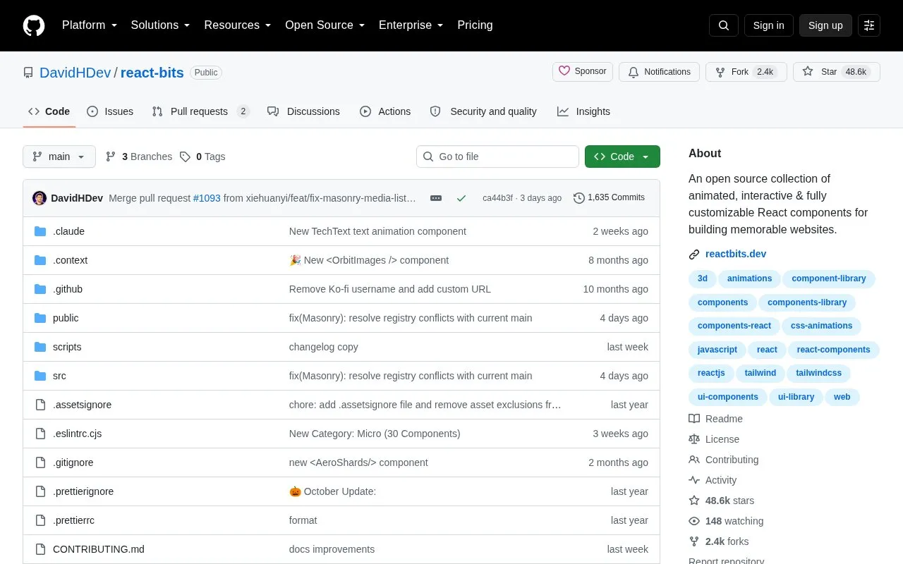 React Bits homepage screenshot