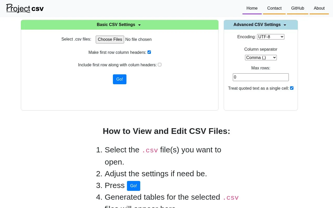 Project CSV homepage screenshot