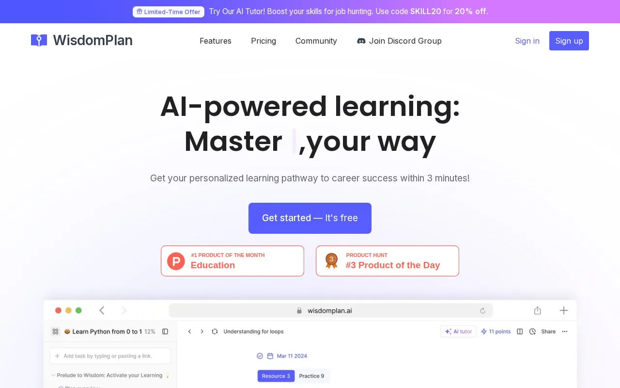 WisdomPlan homepage screenshot
