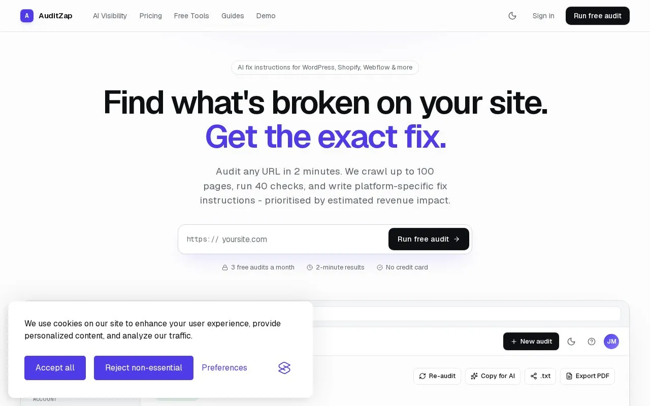 AuditZap homepage screenshot