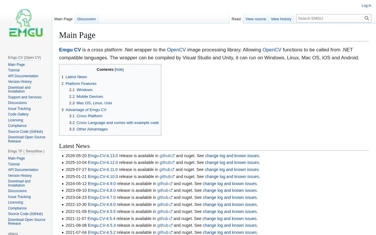 Emgu CV homepage screenshot