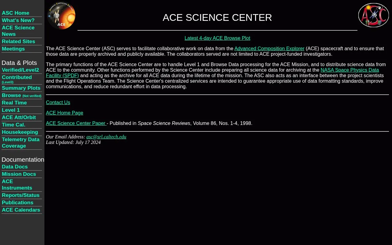 The ACE Science Center homepage screenshot