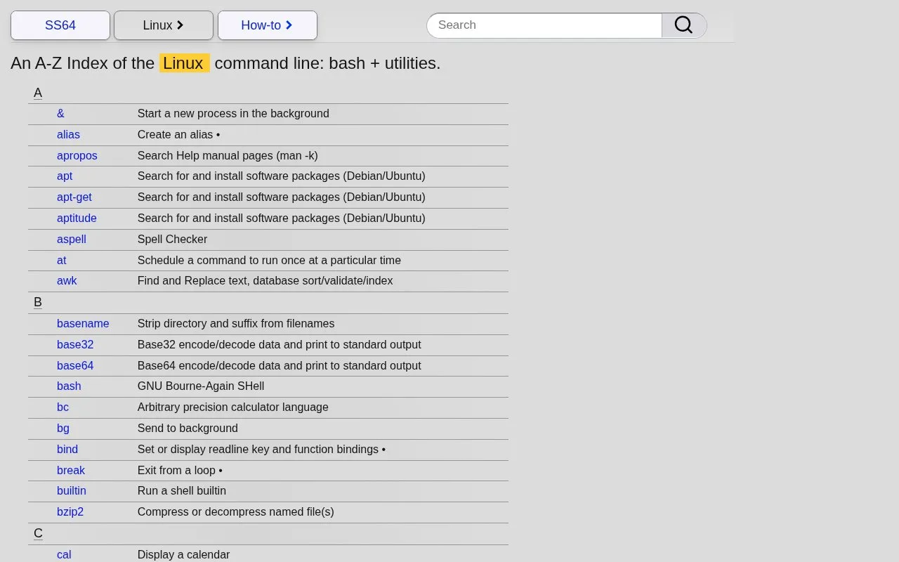 ss64 Bash homepage screenshot