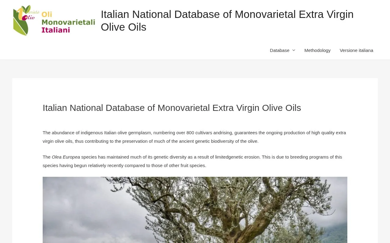 Italian National Database of Monovarietal Extra Virgin Olive Oils homepage screenshot
