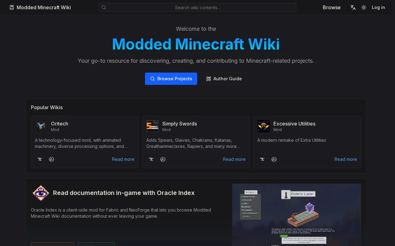 Modded Minecraft Wiki homepage screenshot