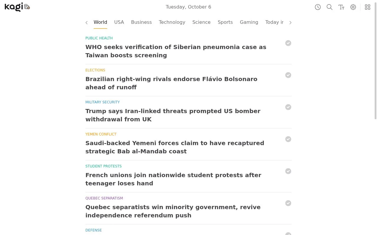 Kagi News homepage screenshot