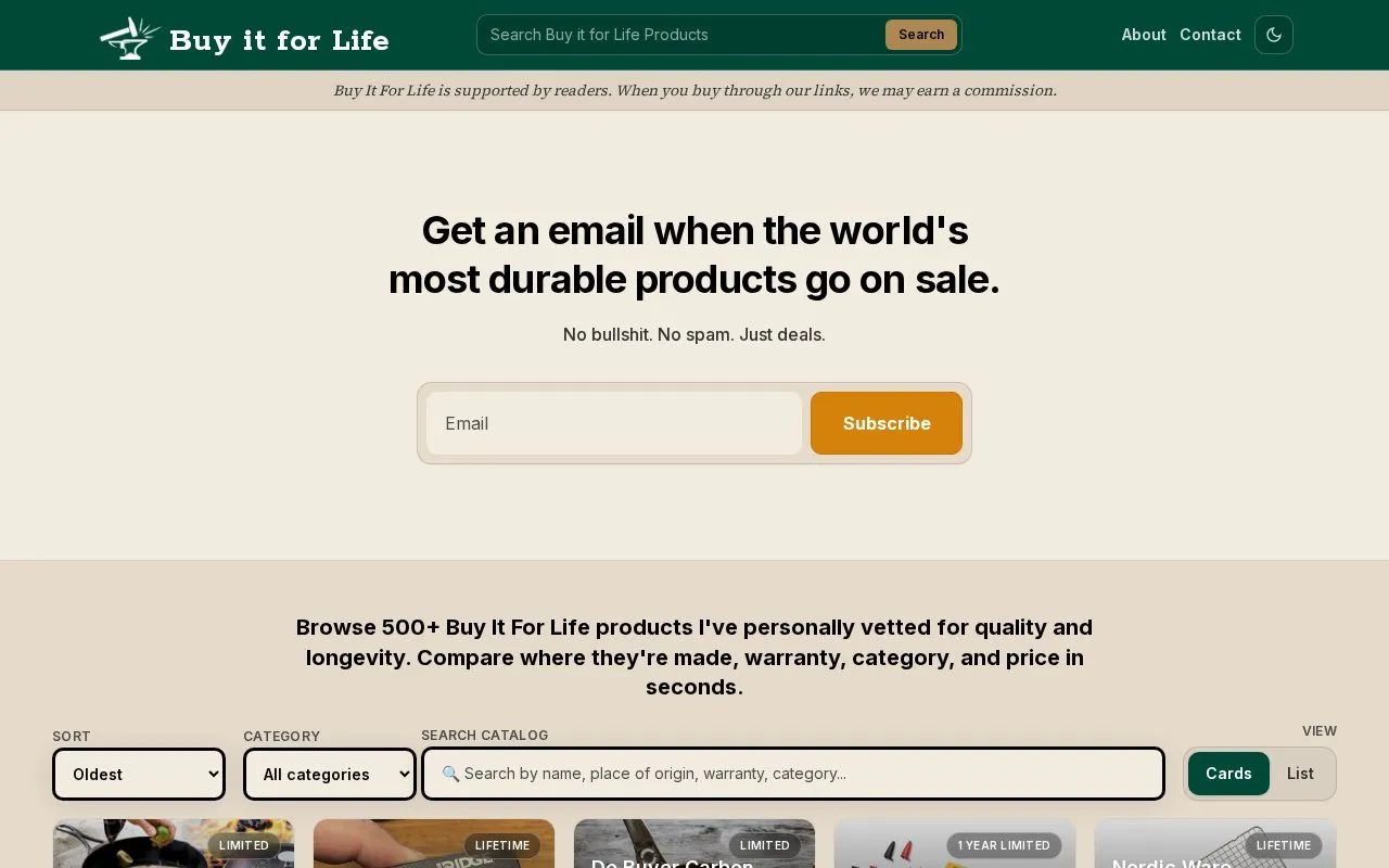 BuyItForLife homepage screenshot
