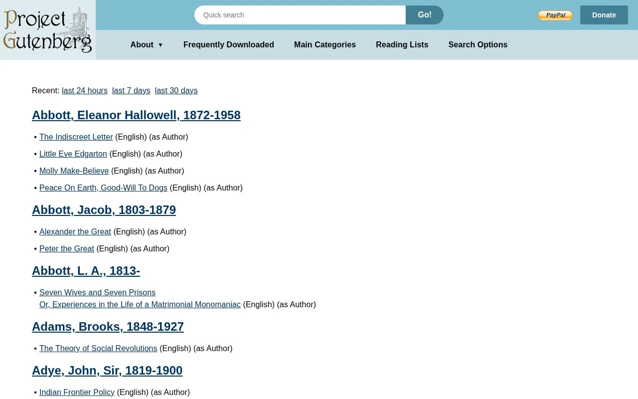 Project Gutenberg homepage screenshot