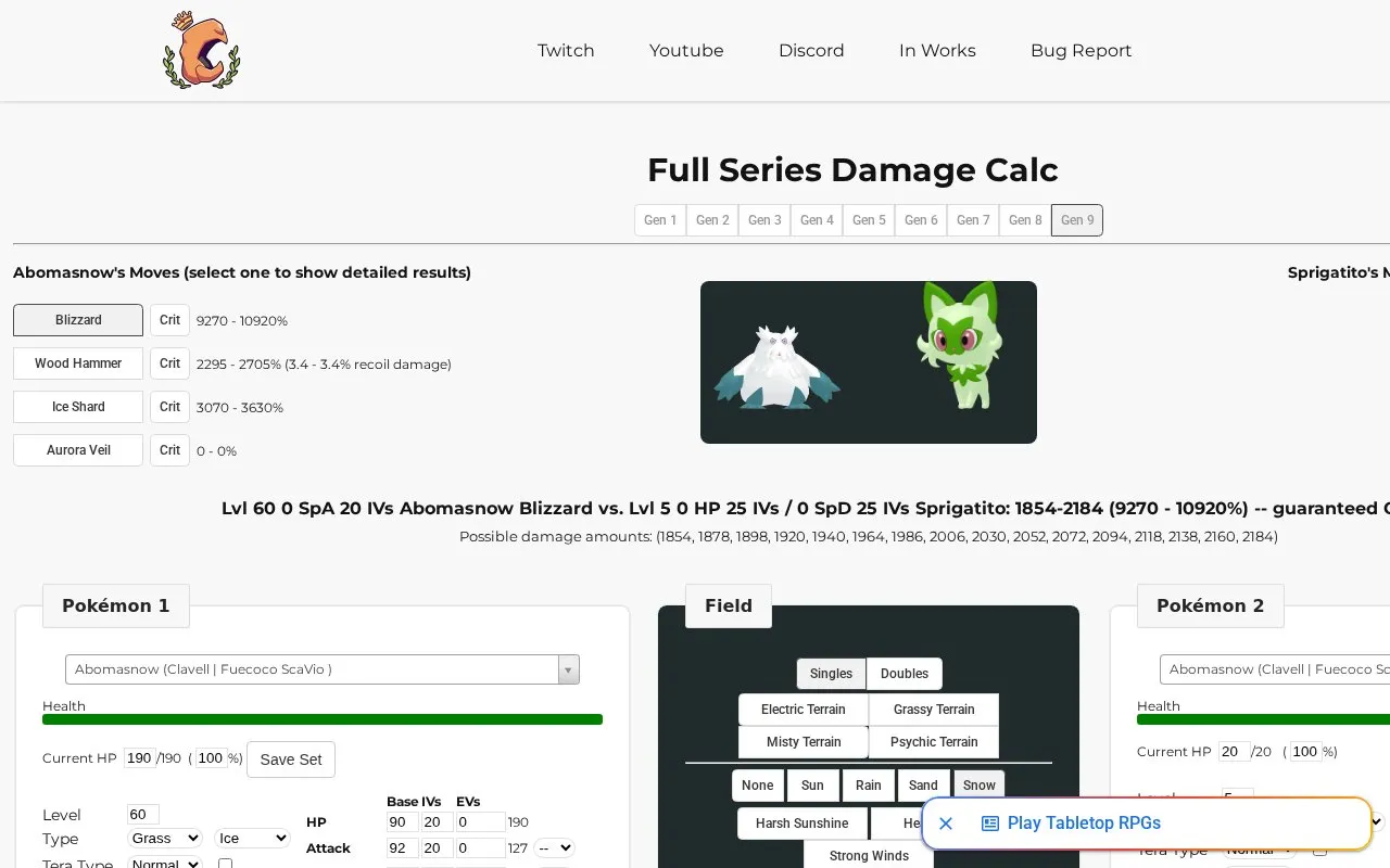 Pokémon Damage Calculator homepage screenshot