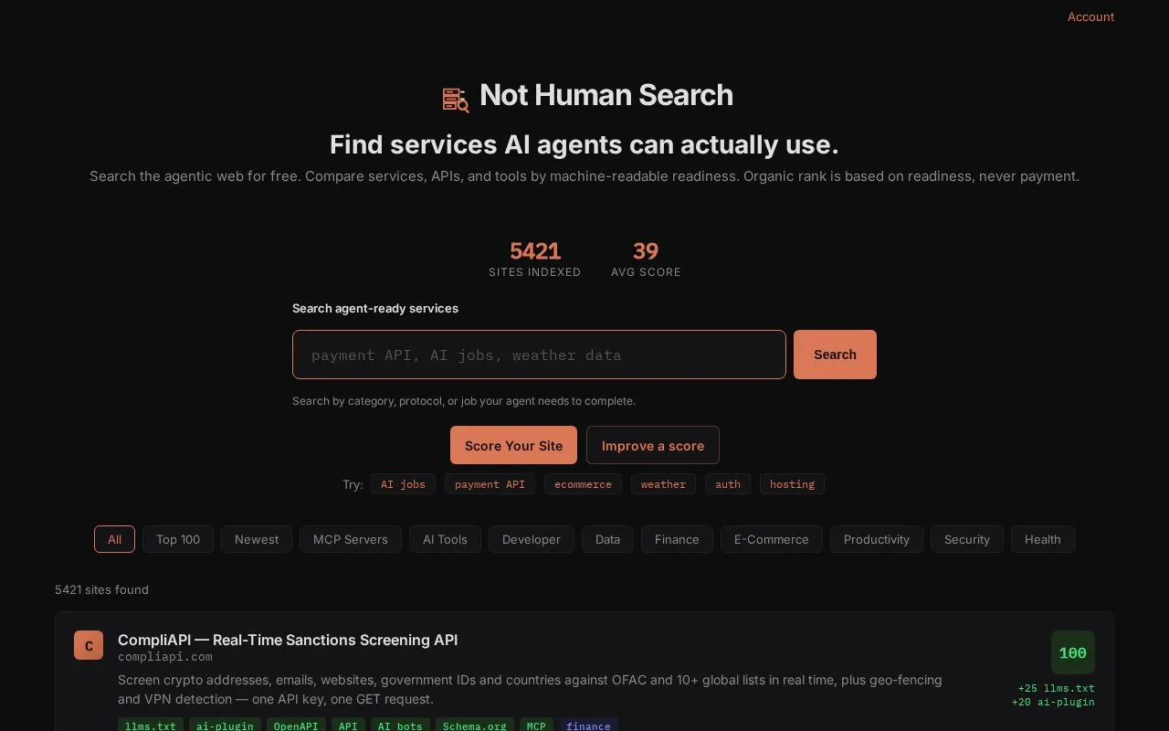 Not Human Search homepage screenshot