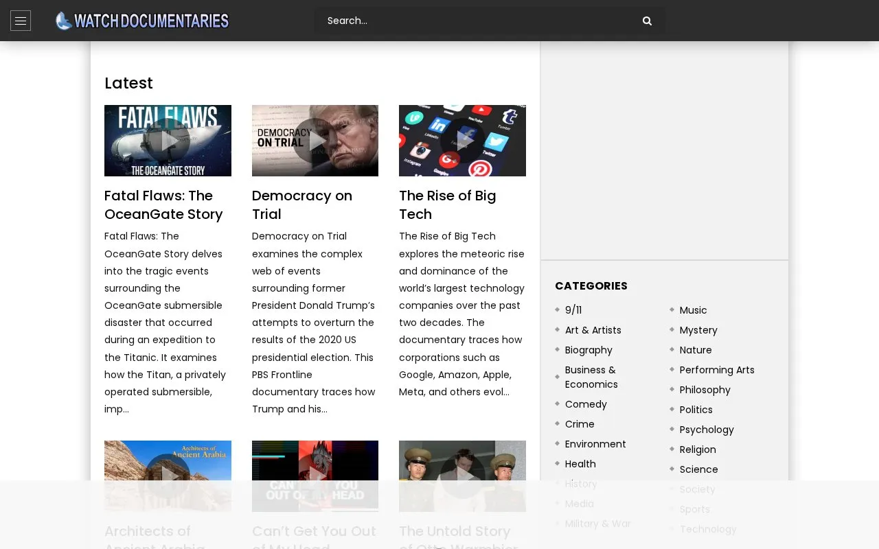 WatchDocumentaries homepage screenshot