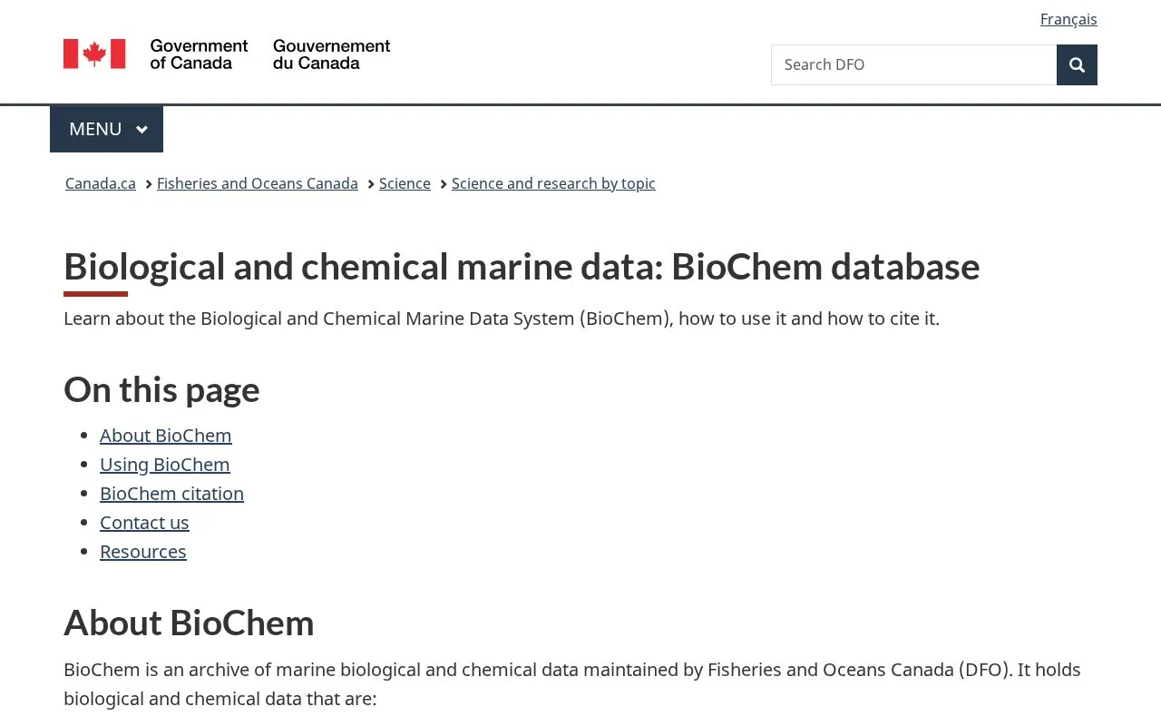 BioChem database homepage screenshot